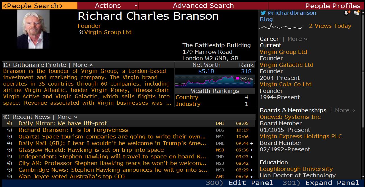 Richard Branson's Bloomberg profile