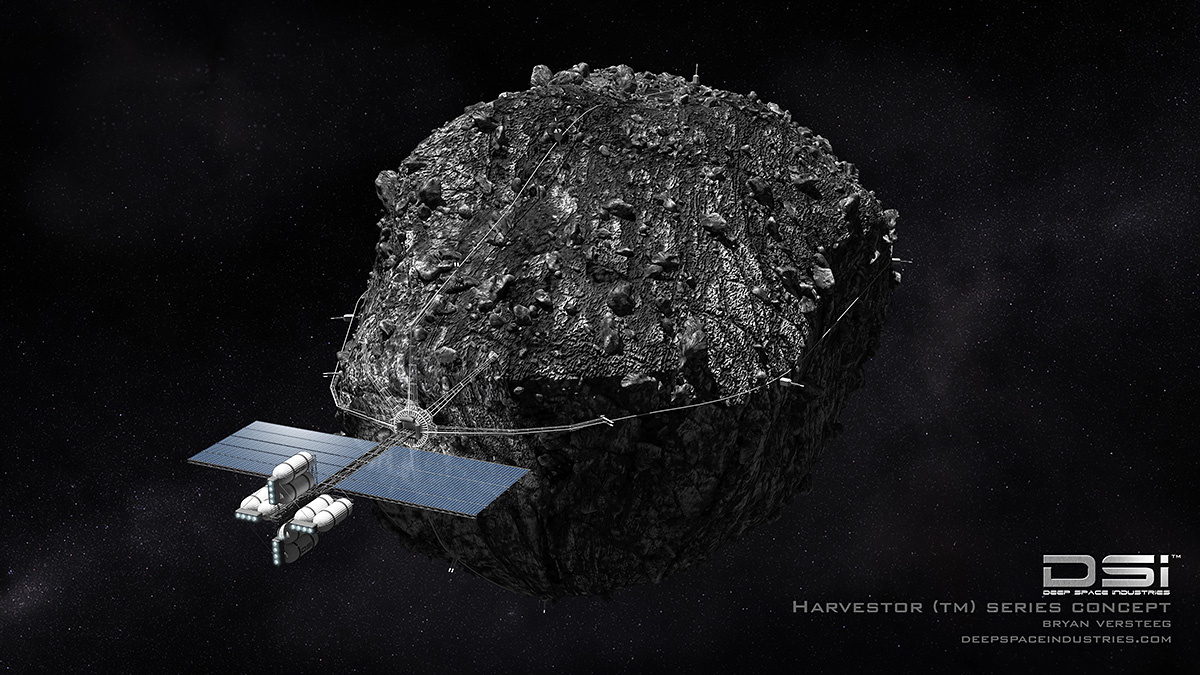 Space craft hauling an asteroid in space