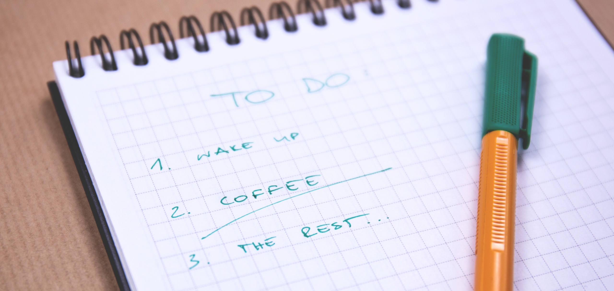 Photo of a notepad with a checklist on it highlighting 'coffee'