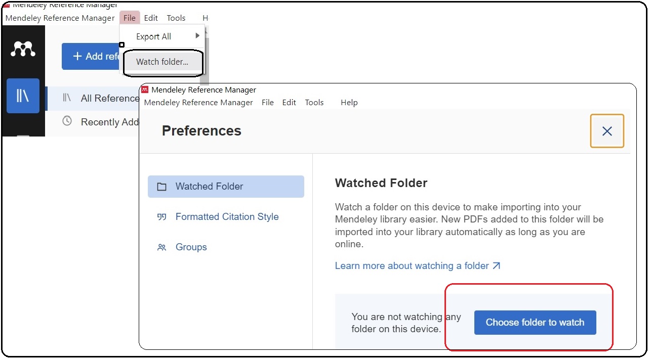 Screen showing how to access watch folder