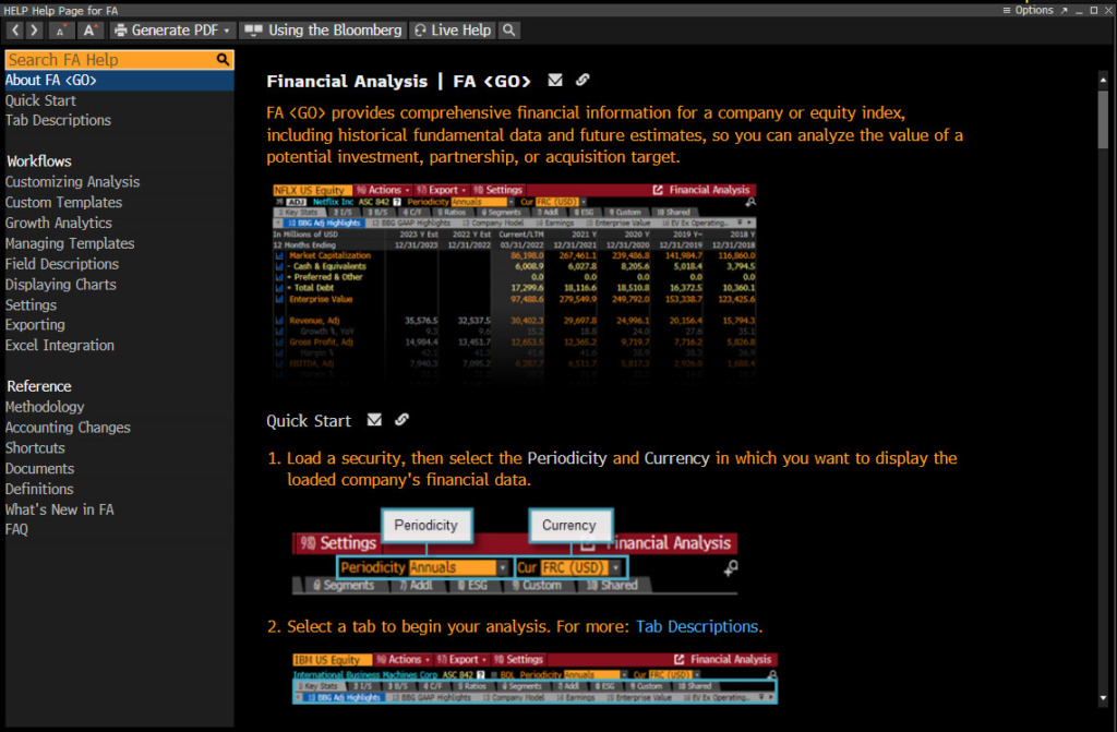 An image of Bloomberg's customised Help screen for Financial Analysis