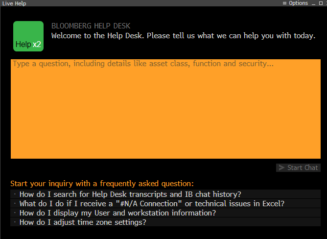 The Bloomberg Help dialogue box