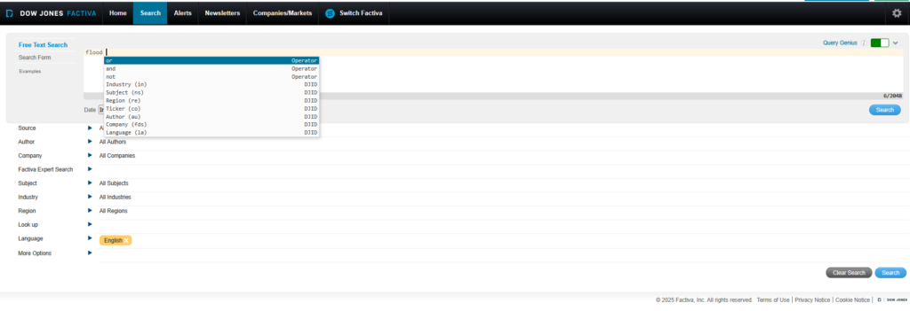 screenshot of Factiva- Free text search