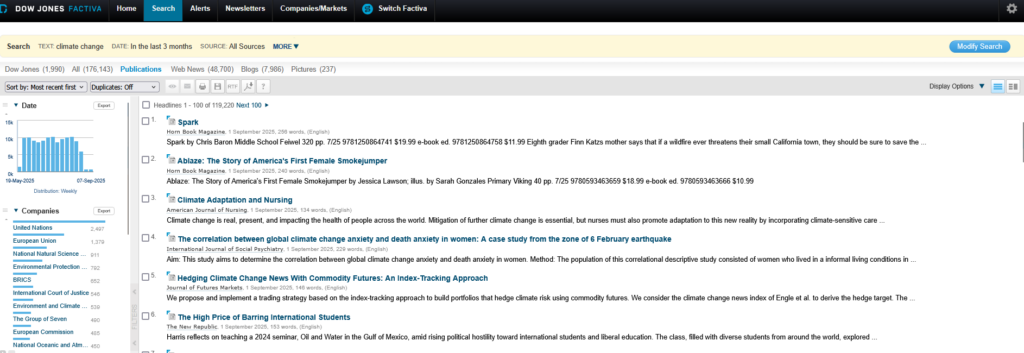 Screenshot of the Factiva search result page