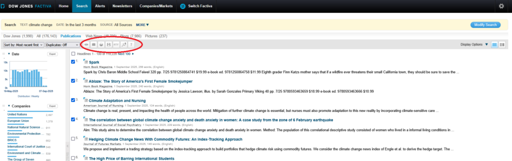 Screenshot of Factiva search results page