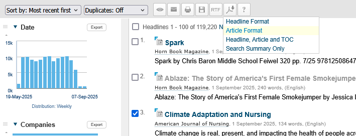 Screenshot of Factiva search results- showing how to select article format when downloading