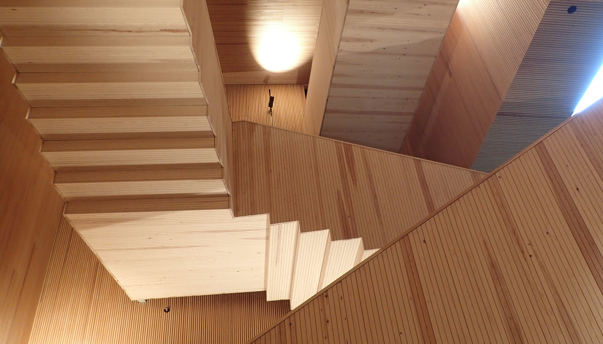 Photo of the Think Corner staircase looking upwards - it looks like a flight of stairs upside down!