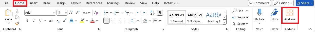 Screenshot of Home Add-ins in Word