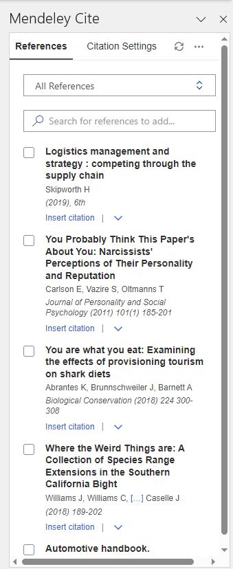 Screenshot of the Mendeley Cite pane