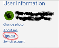 Screenshot of the 'sign out' option within an Office application.