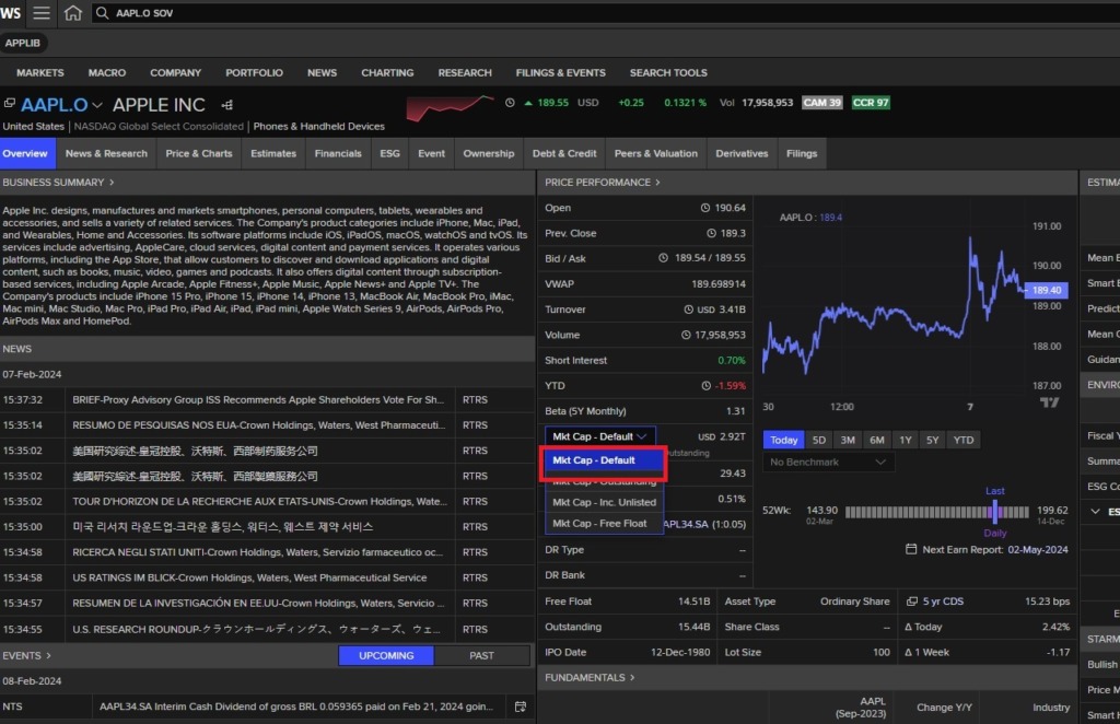 Screenshot from Workspace showing market cap