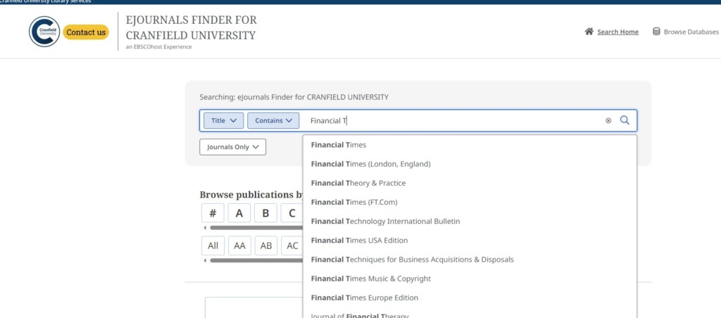 Screenshot of searching for FT in Library ejournals finder