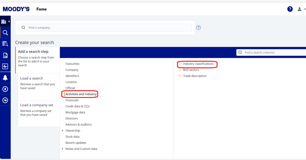 Screenshot - peer analysis, choosing activities and industry, industry classifications