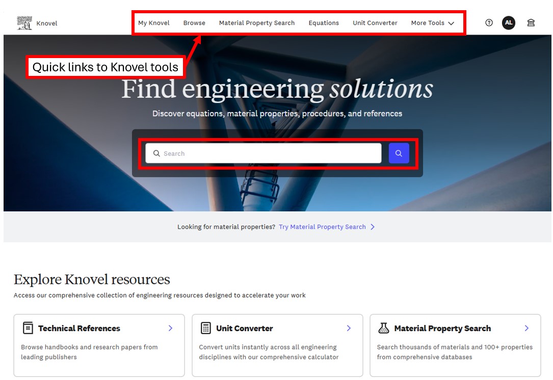 Screenshot of Knovel homepage highlighting quick links at the top of the screen and the search bar.