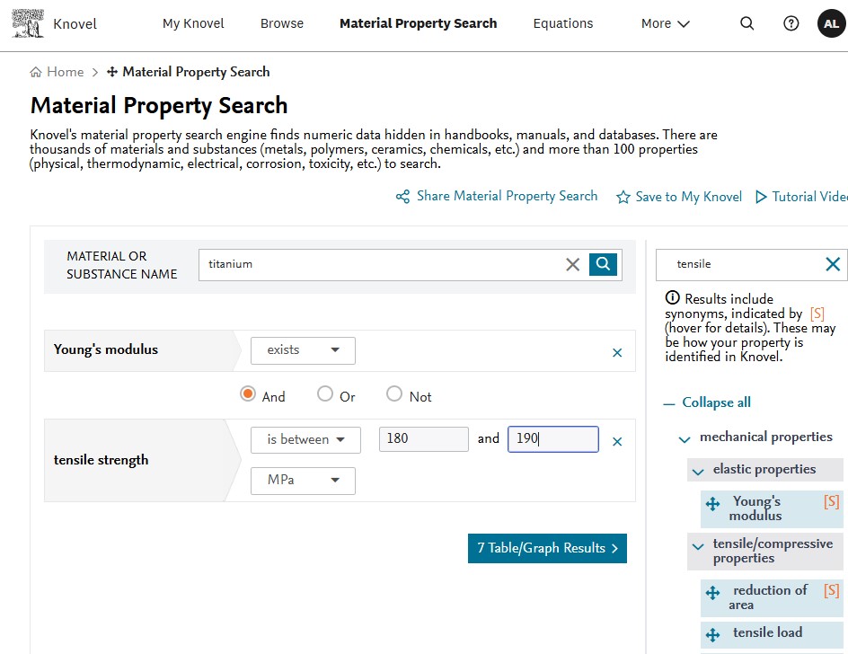 Knovel's material property search with customisable property values which can be inputted into a central pane