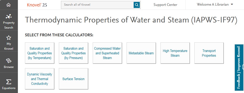 Screenshot showing the eight types of steam calculators available in Knovel