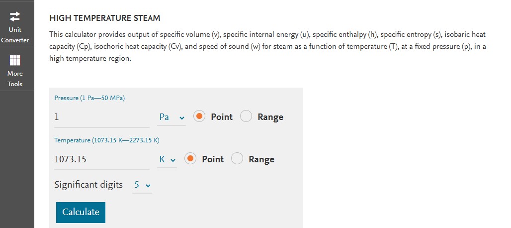 Screenshot of Knovel steam calculator with boxes to customise values and units