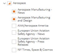 A screenshot showing the expanded categories within the main aerospace heading.