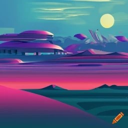 A computer generated image of a pink and blue landscape. The sky is blue with a full moon. There are smooth, rounded, futuristic, low-rise, pink buildings in the distance to the left.