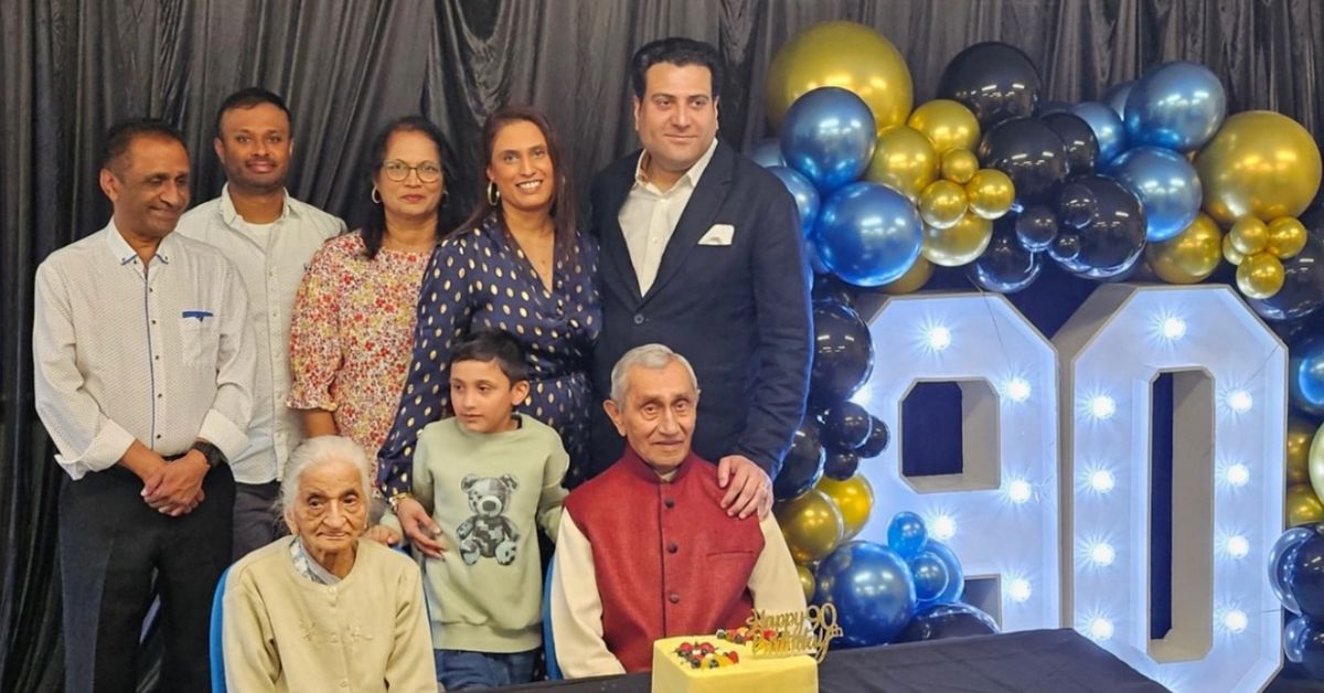 From left to right:(standing) Jitendra Patel (father), Vipul Patel (my brother), Pushpa Patel (mother), Poonam Maini (me), Aryan Maini (son) Shiv Maini (my husband), Kamu Patel (grandma) & Vanmali Patel (grandad)