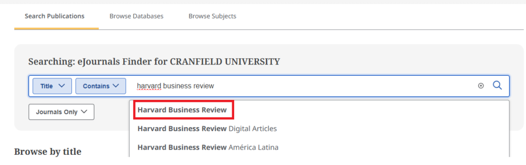 eJournals search box showing Harvard Business Review