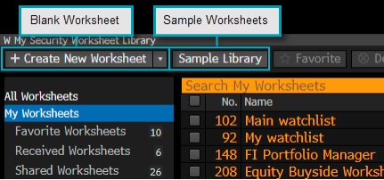 Options available to create a worksheet or choose one from the sample library