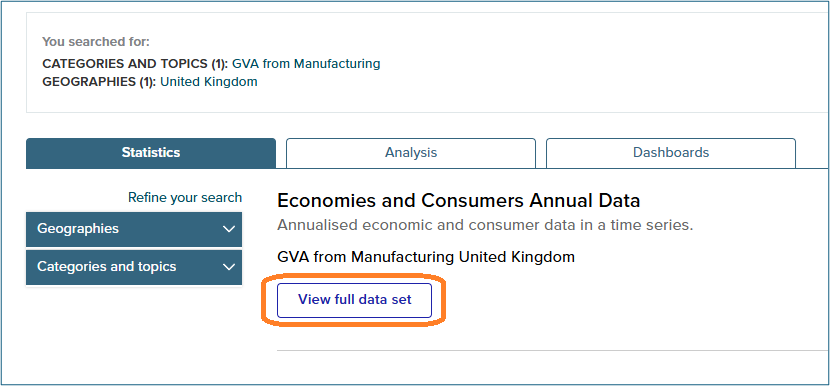 screenshot showing how to find full data set
