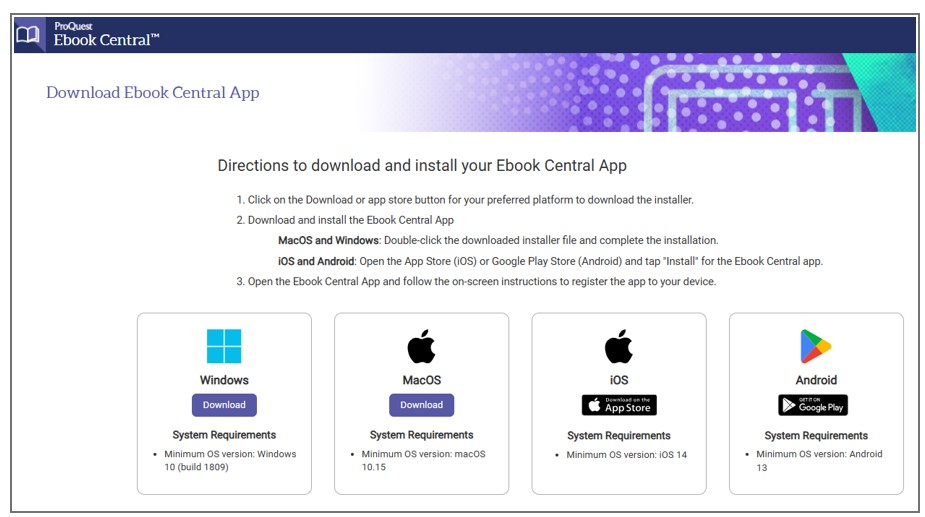 An image showing the screenshot of the page to download and install the Ebook Central app.