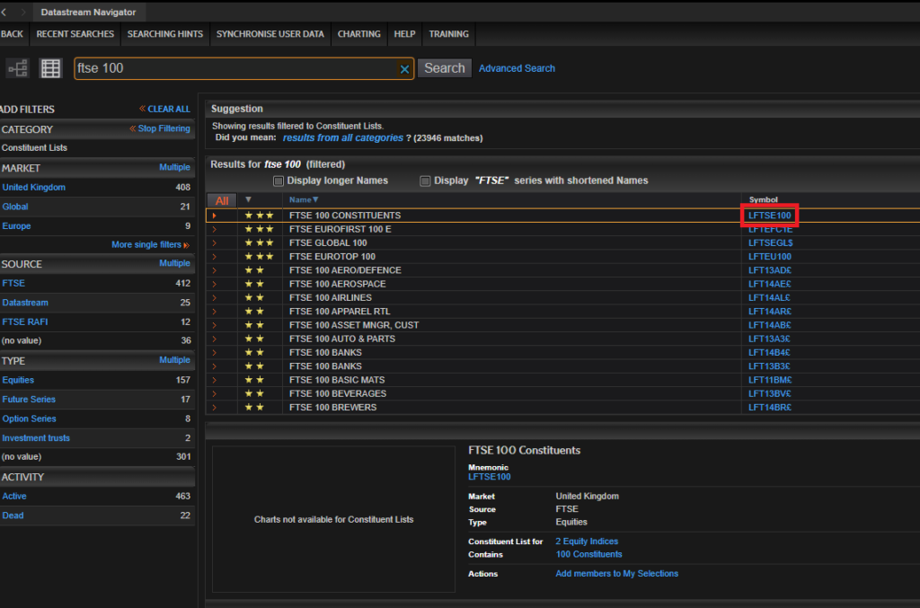 Screenshot - Datastream Navigator search screen