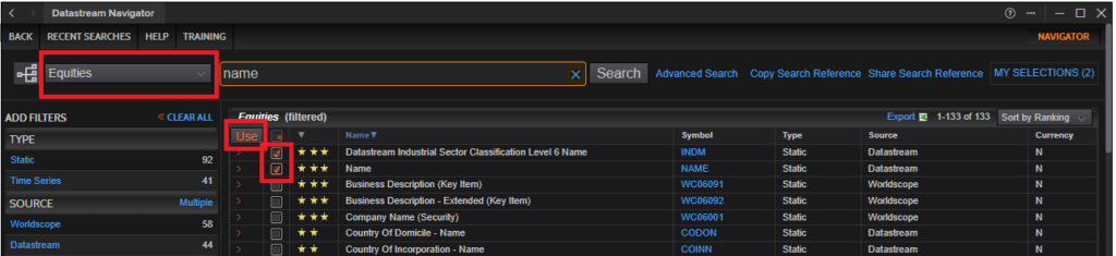 Screenshot - Datastream Navigator Datatype search screen
