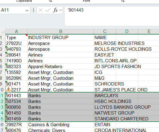 Screenshot - Datastream search results in Excel 