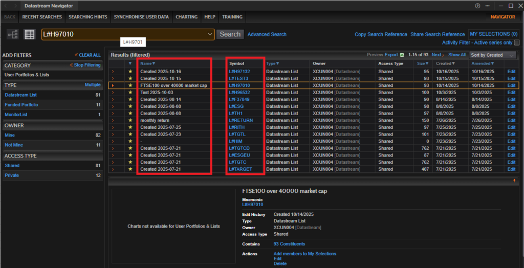Screenshot - searching for Datastream Lists