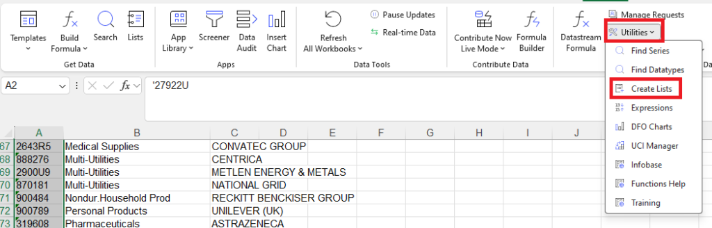 Screenshot - creating Datastream list in Excel