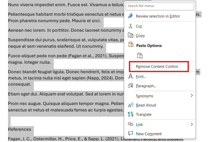 An image showing the menus to remove Mendeley field codes from a document