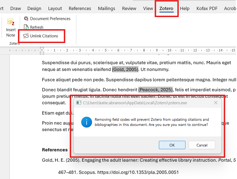 An image showing the menus to remove Zotero field codes from a document
