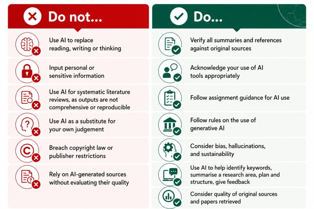Image of a table of using AI do's and don'ts. Do not: Use AI to replace reading, writing or thinking; Input personal or sensitive information ; Use AI for systematic literature reviews, as outputs are not comprehensive or reproducible; Use AI as a substitute for your own judgement; Breach copyright law or publisher restrictions; Rely on AI-generated sources without evaluating their qualityDo: Verify all summaries and references against original sources; Acknowledge your use of AI tools appropriately; Follow assignment guidance for AI use; Follow rules on the use of generative AI; Consider bias, hallucinations, and sustainability; Use AI to help identify keywords, summarise a research area, plan and structure, give feedback; Consider quality of original sources and papers retrieved 